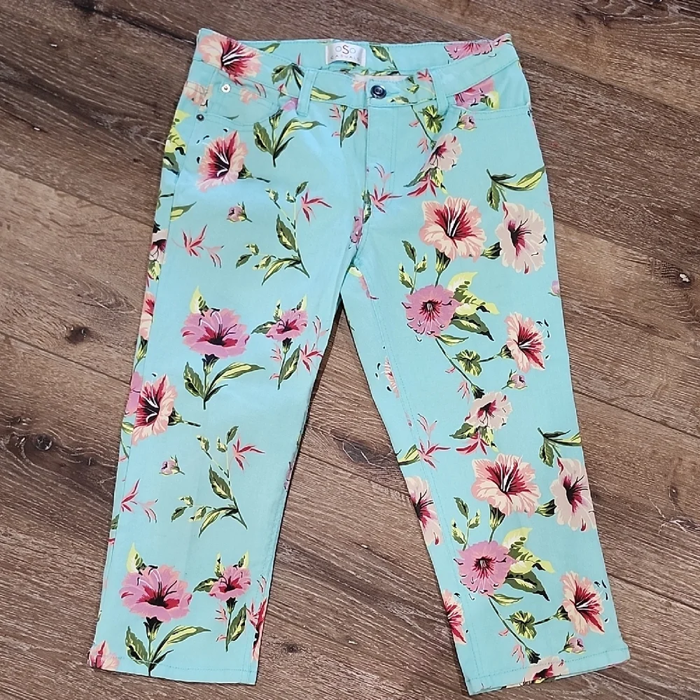 EUC OSO Tripical Floral Print Turquoise Pink Cropped Capri Jeans Resort Floral 6 - Picture 1 of 9